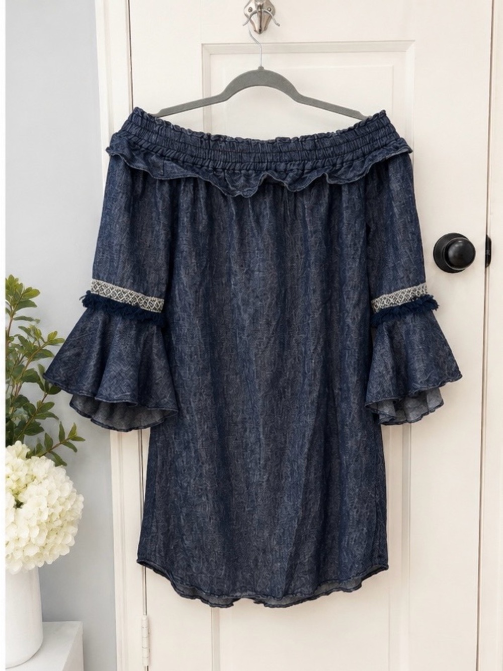 Off-Shoulder Navy Midi Dress with Ruffle Bell Sleeves